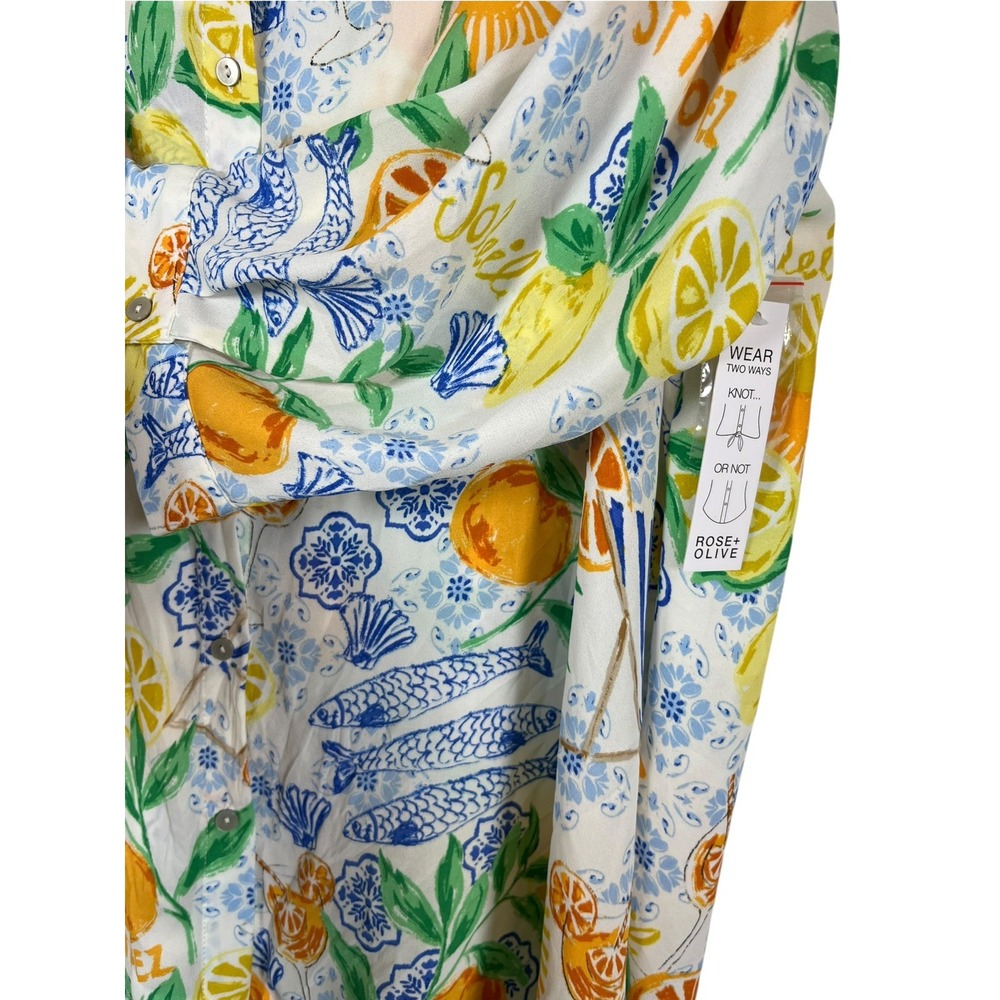 NWT Rose + Olive Sz 1X Top Citrus Fruit Europe Print Tie Front Button Up Shirt - Picture 3 of 9